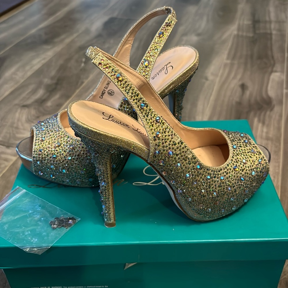 Rhinestone heel pumps peep toe 6.5 Lauren Lorraine gold tone